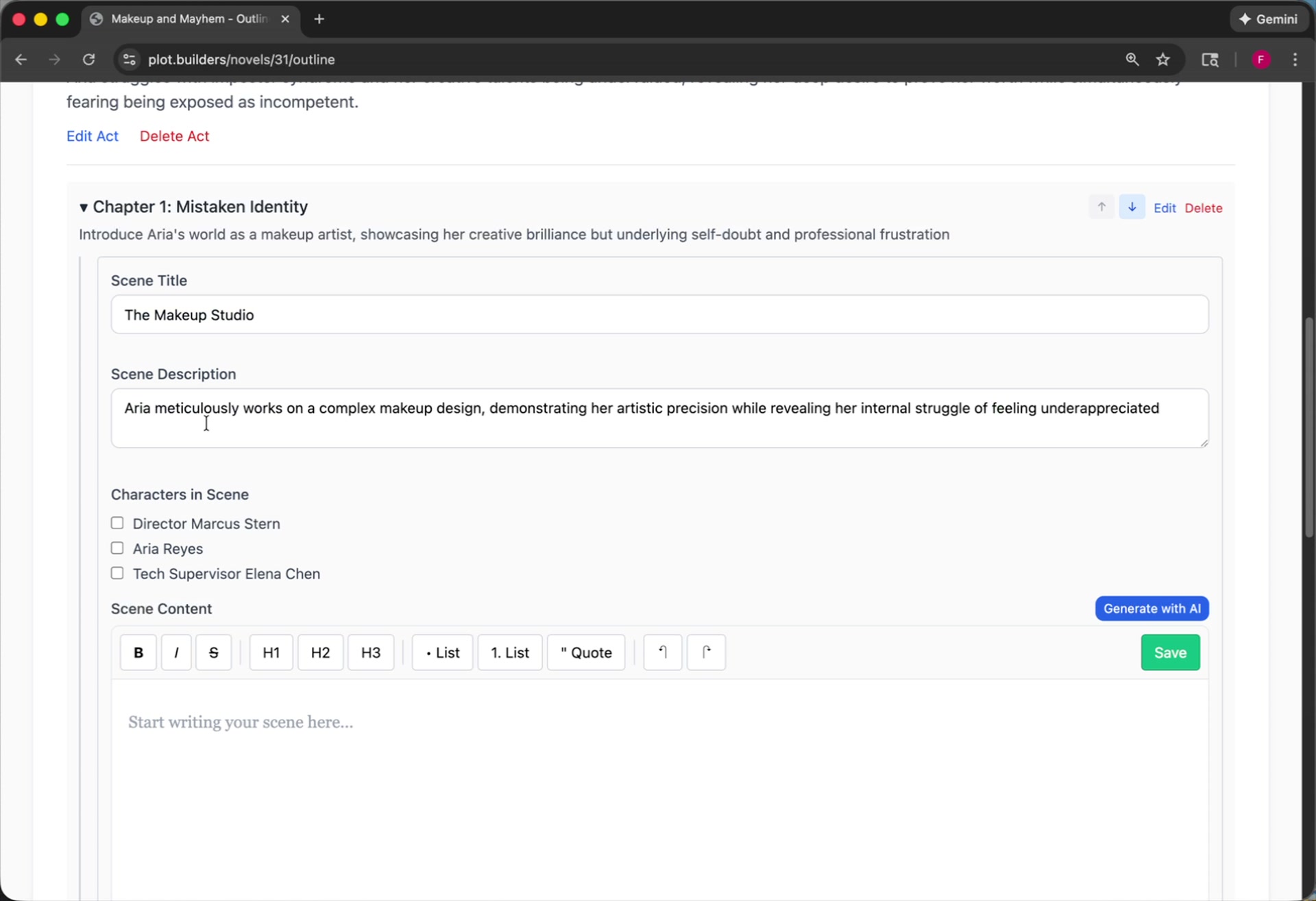 Editing a specific scene, with options for title, description, and characters.