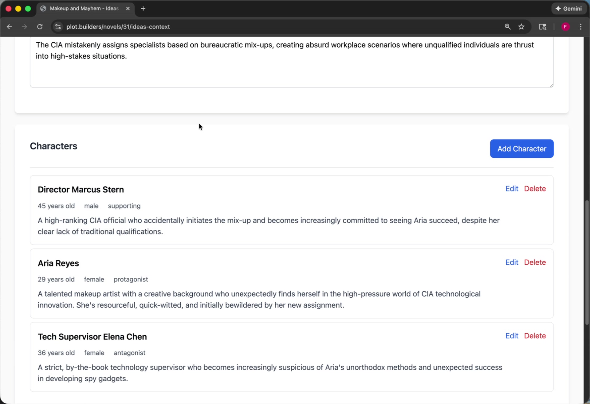 The character list, showing generated characters with descriptions.