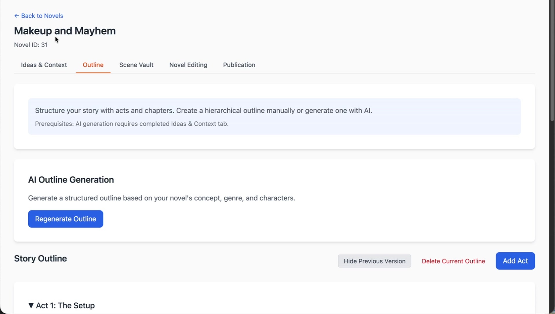 The generated story outline page, showing acts, chapters, and scenes.