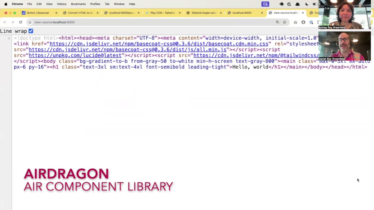 Browser inspector showing the default Tailwind classes on the H1 element.